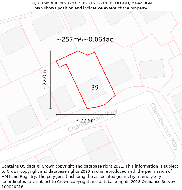 39, CHAMBERLAIN WAY, SHORTSTOWN, BEDFORD, MK42 0GN: Plot and title map