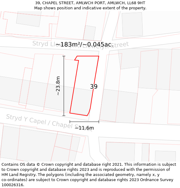 39, CHAPEL STREET, AMLWCH PORT, AMLWCH, LL68 9HT: Plot and title map