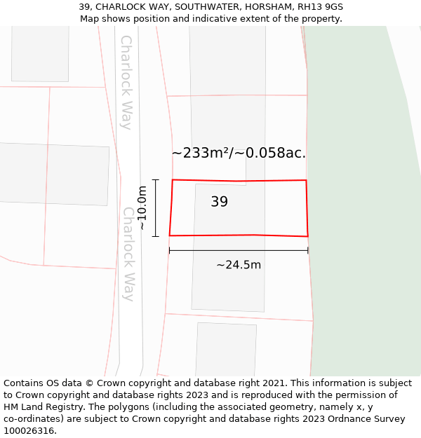 39, CHARLOCK WAY, SOUTHWATER, HORSHAM, RH13 9GS: Plot and title map