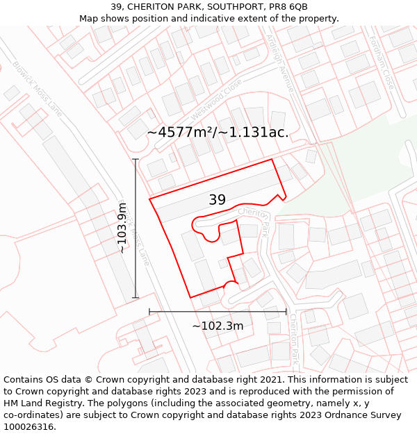 39, CHERITON PARK, SOUTHPORT, PR8 6QB: Plot and title map