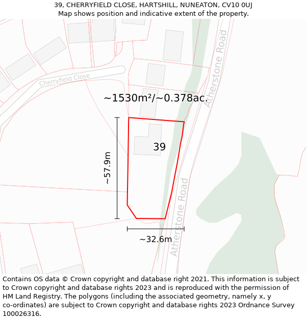 39, CHERRYFIELD CLOSE, HARTSHILL, NUNEATON, CV10 0UJ: Plot and title map