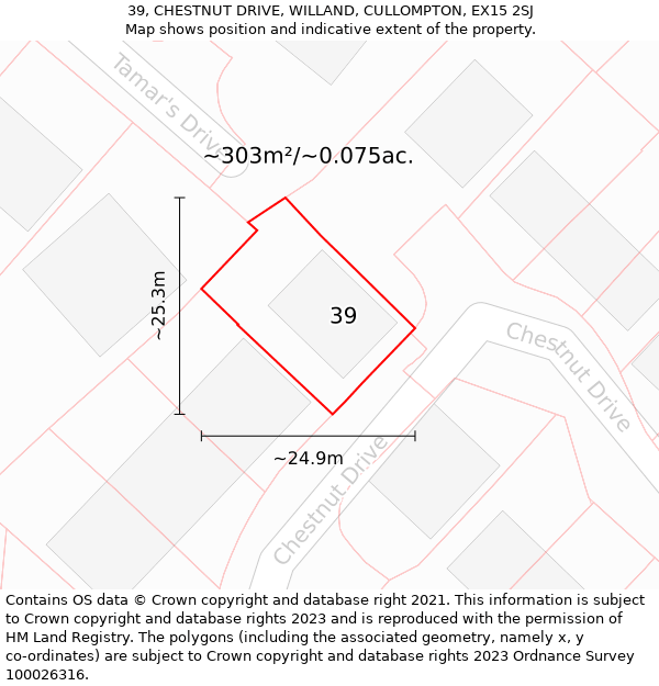 39, CHESTNUT DRIVE, WILLAND, CULLOMPTON, EX15 2SJ: Plot and title map