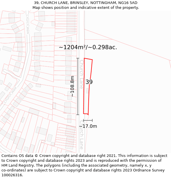 39, CHURCH LANE, BRINSLEY, NOTTINGHAM, NG16 5AD: Plot and title map