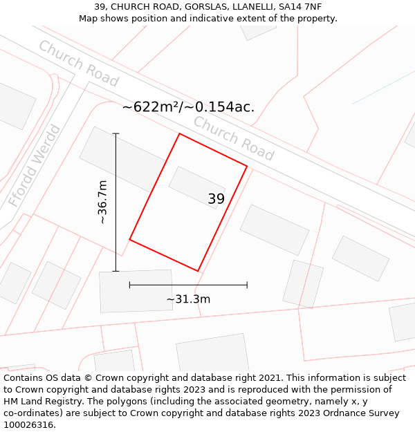 39, CHURCH ROAD, GORSLAS, LLANELLI, SA14 7NF: Plot and title map