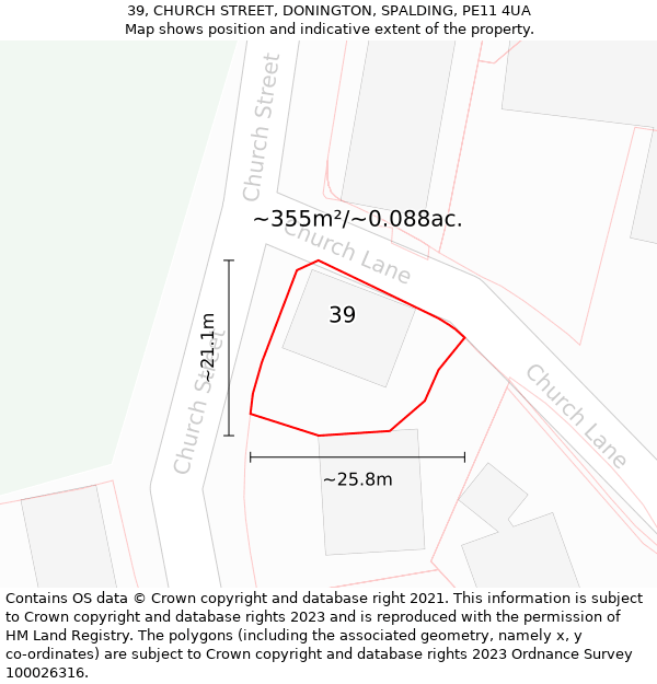 39, CHURCH STREET, DONINGTON, SPALDING, PE11 4UA: Plot and title map