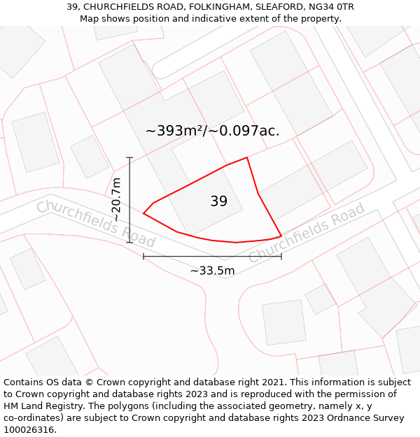 39, CHURCHFIELDS ROAD, FOLKINGHAM, SLEAFORD, NG34 0TR: Plot and title map