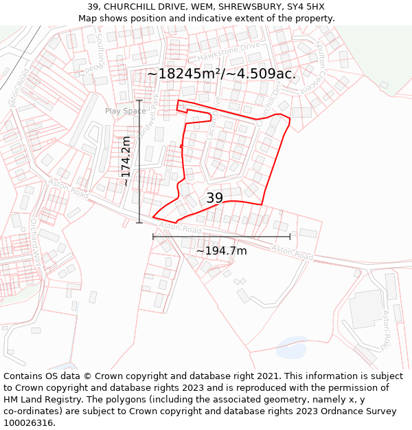 39, CHURCHILL DRIVE, WEM, SHREWSBURY, SY4 5HX: Plot and title map