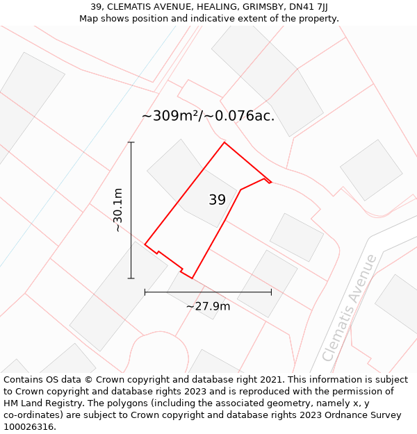 39, CLEMATIS AVENUE, HEALING, GRIMSBY, DN41 7JJ: Plot and title map