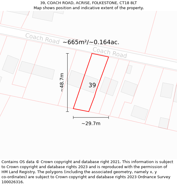 39, COACH ROAD, ACRISE, FOLKESTONE, CT18 8LT: Plot and title map