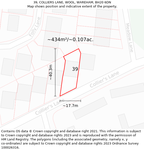 39, COLLIERS LANE, WOOL, WAREHAM, BH20 6DN: Plot and title map