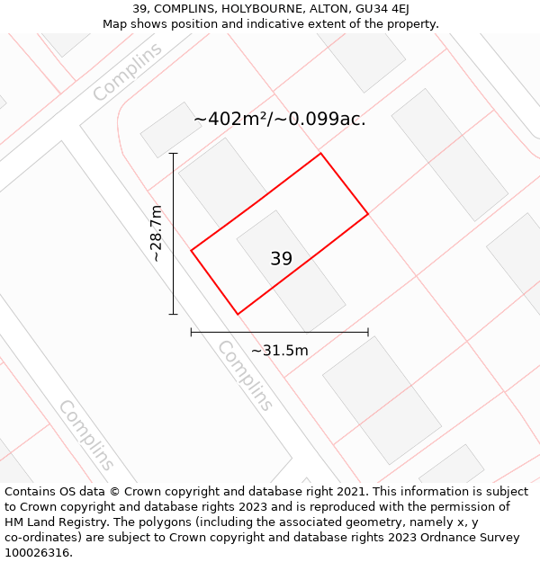 39, COMPLINS, HOLYBOURNE, ALTON, GU34 4EJ: Plot and title map