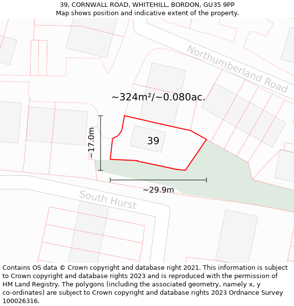 39, CORNWALL ROAD, WHITEHILL, BORDON, GU35 9PP: Plot and title map