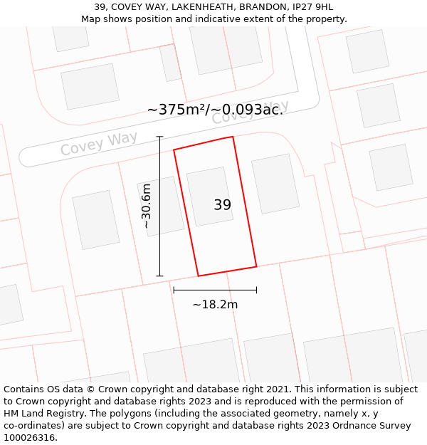 39, COVEY WAY, LAKENHEATH, BRANDON, IP27 9HL: Plot and title map