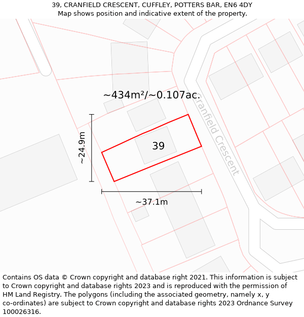 39, CRANFIELD CRESCENT, CUFFLEY, POTTERS BAR, EN6 4DY: Plot and title map