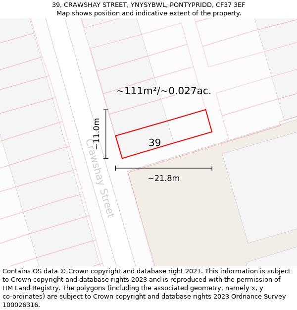 39, CRAWSHAY STREET, YNYSYBWL, PONTYPRIDD, CF37 3EF: Plot and title map