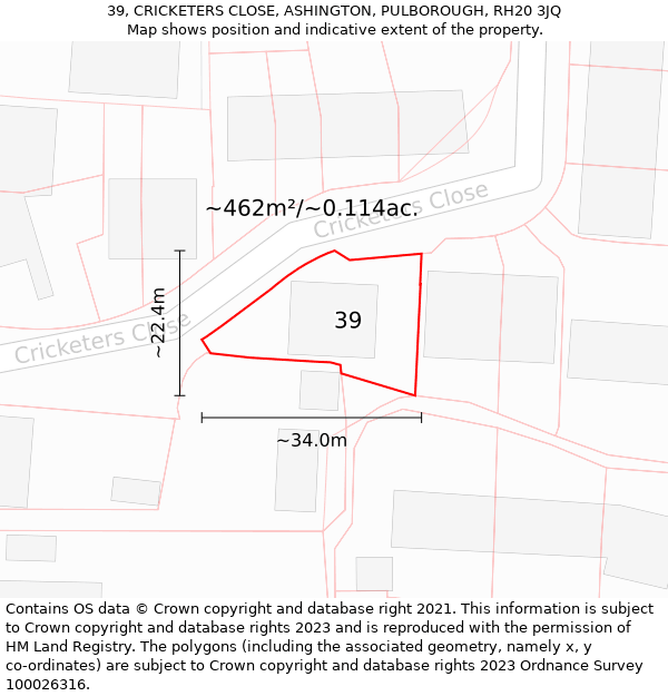 39, CRICKETERS CLOSE, ASHINGTON, PULBOROUGH, RH20 3JQ: Plot and title map