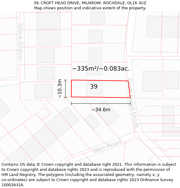 39, CROFT HEAD DRIVE, MILNROW, ROCHDALE, OL16 3UZ: Plot and title map