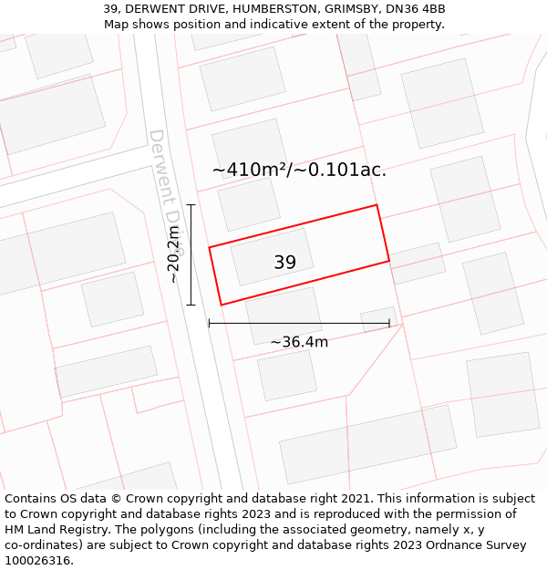 39, DERWENT DRIVE, HUMBERSTON, GRIMSBY, DN36 4BB: Plot and title map