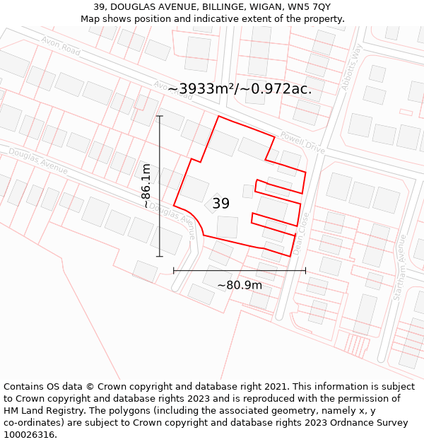 39, DOUGLAS AVENUE, BILLINGE, WIGAN, WN5 7QY: Plot and title map