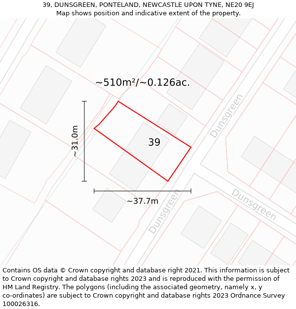 39, DUNSGREEN, PONTELAND, NEWCASTLE UPON TYNE, NE20 9EJ: Plot and title map