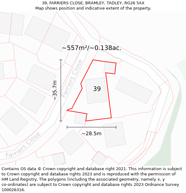 39, FARRIERS CLOSE, BRAMLEY, TADLEY, RG26 5AX: Plot and title map