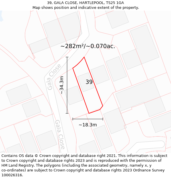 39, GALA CLOSE, HARTLEPOOL, TS25 1GA: Plot and title map