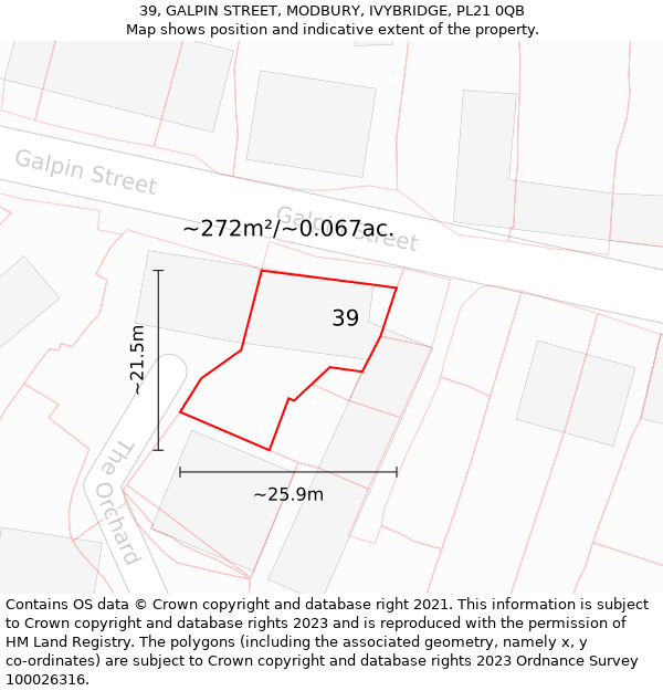 39, GALPIN STREET, MODBURY, IVYBRIDGE, PL21 0QB: Plot and title map
