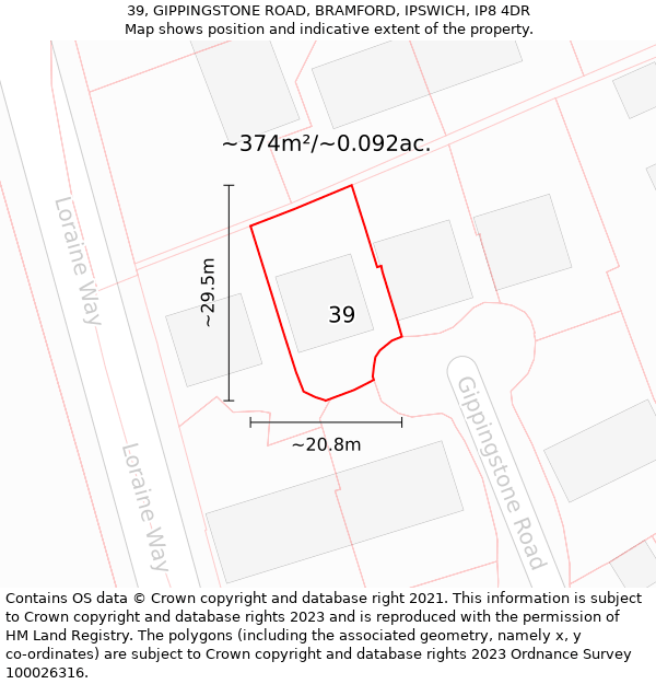 39, GIPPINGSTONE ROAD, BRAMFORD, IPSWICH, IP8 4DR: Plot and title map