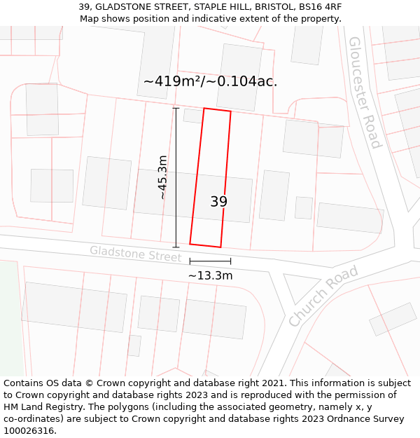 39, GLADSTONE STREET, STAPLE HILL, BRISTOL, BS16 4RF: Plot and title map