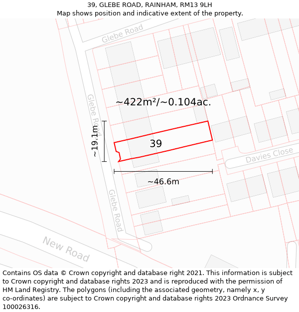 39, GLEBE ROAD, RAINHAM, RM13 9LH: Plot and title map