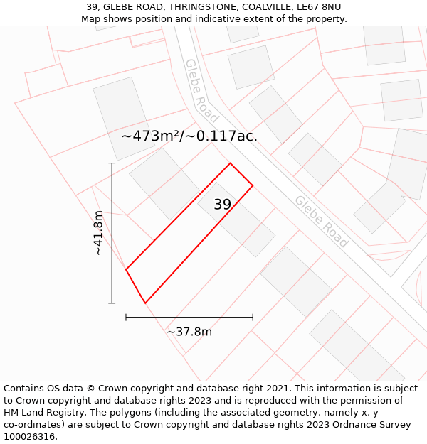 39, GLEBE ROAD, THRINGSTONE, COALVILLE, LE67 8NU: Plot and title map