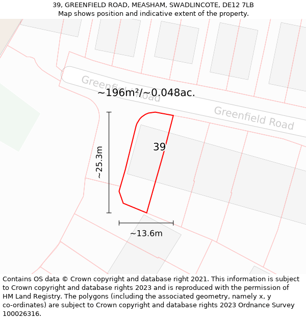 39, GREENFIELD ROAD, MEASHAM, SWADLINCOTE, DE12 7LB: Plot and title map