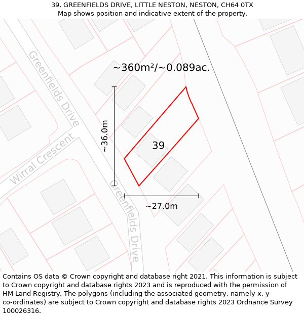 39, GREENFIELDS DRIVE, LITTLE NESTON, NESTON, CH64 0TX: Plot and title map