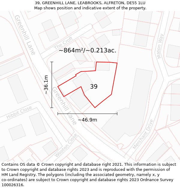 39, GREENHILL LANE, LEABROOKS, ALFRETON, DE55 1LU: Plot and title map