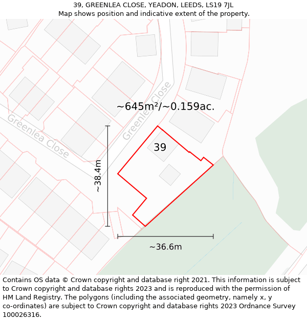 39, GREENLEA CLOSE, YEADON, LEEDS, LS19 7JL: Plot and title map