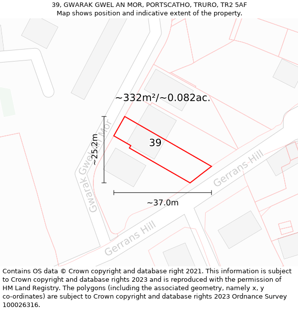 39, GWARAK GWEL AN MOR, PORTSCATHO, TRURO, TR2 5AF: Plot and title map