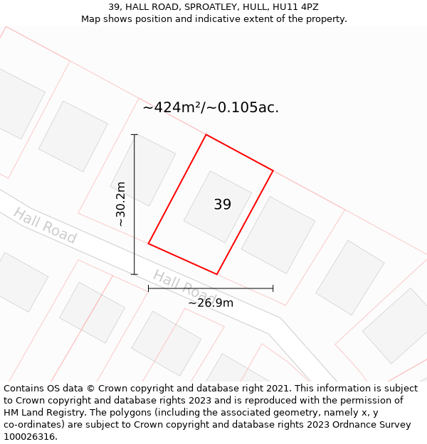 39, HALL ROAD, SPROATLEY, HULL, HU11 4PZ: Plot and title map