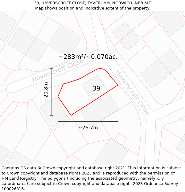 39, HAVERSCROFT CLOSE, TAVERHAM, NORWICH, NR8 6LT: Plot and title map