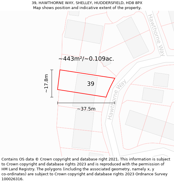 39, HAWTHORNE WAY, SHELLEY, HUDDERSFIELD, HD8 8PX: Plot and title map
