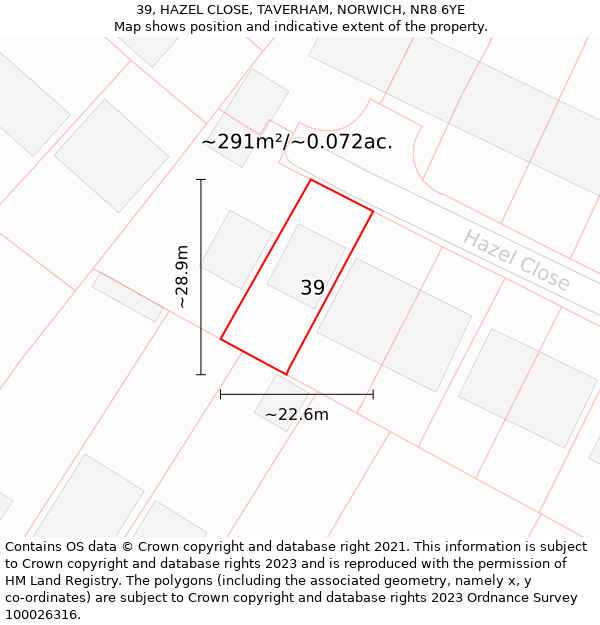 39, HAZEL CLOSE, TAVERHAM, NORWICH, NR8 6YE: Plot and title map