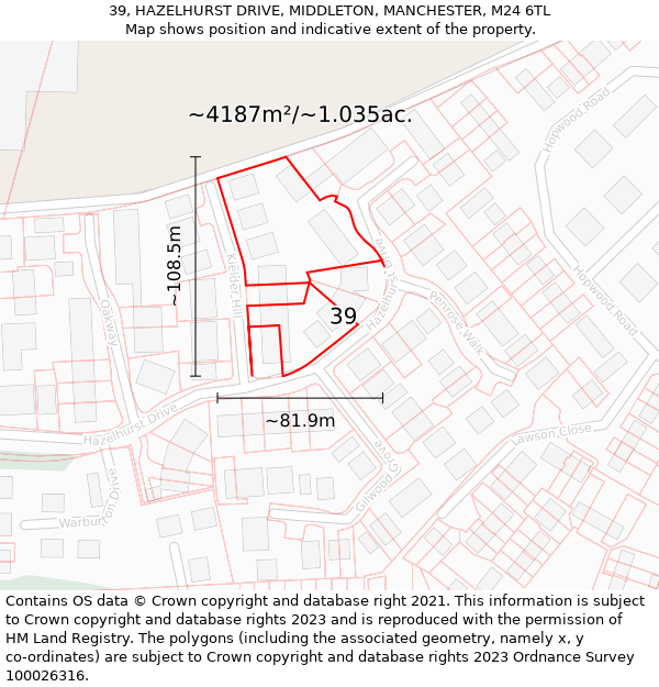 39, HAZELHURST DRIVE, MIDDLETON, MANCHESTER, M24 6TL: Plot and title map