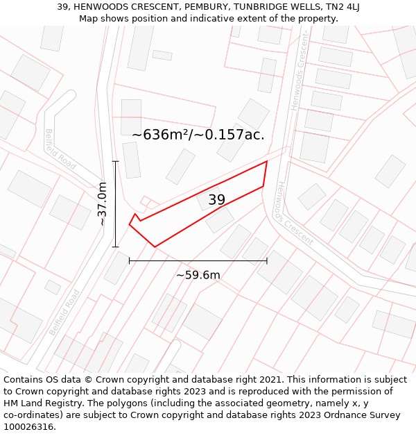 39, HENWOODS CRESCENT, PEMBURY, TUNBRIDGE WELLS, TN2 4LJ: Plot and title map