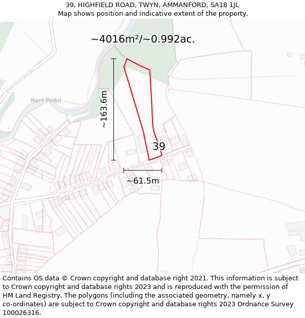 39, HIGHFIELD ROAD, TWYN, AMMANFORD, SA18 1JL: Plot and title map