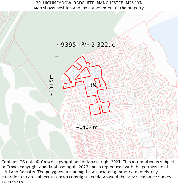 39, HIGHMEADOW, RADCLIFFE, MANCHESTER, M26 1YN: Plot and title map