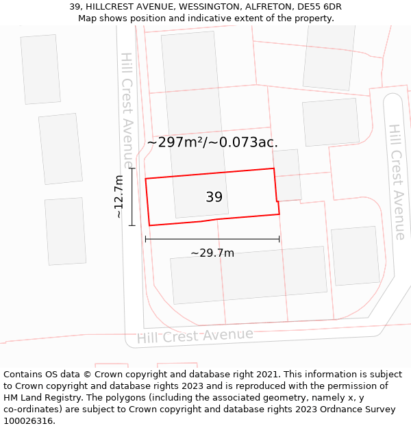 39, HILLCREST AVENUE, WESSINGTON, ALFRETON, DE55 6DR: Plot and title map