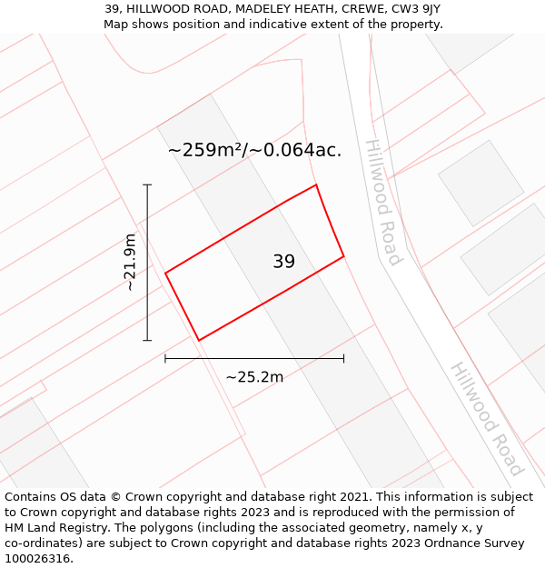 39, HILLWOOD ROAD, MADELEY HEATH, CREWE, CW3 9JY: Plot and title map