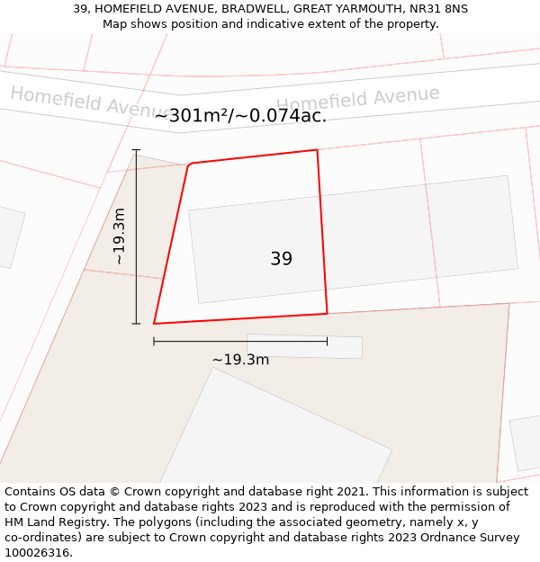 39, HOMEFIELD AVENUE, BRADWELL, GREAT YARMOUTH, NR31 8NS: Plot and title map