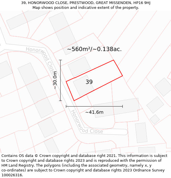 39, HONORWOOD CLOSE, PRESTWOOD, GREAT MISSENDEN, HP16 9HJ: Plot and title map