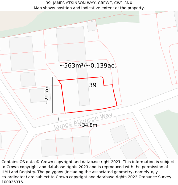 39, JAMES ATKINSON WAY, CREWE, CW1 3NX: Plot and title map