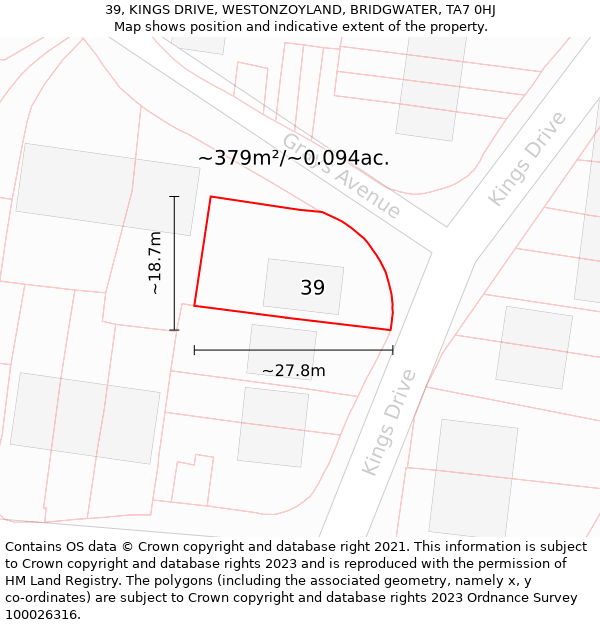 39, KINGS DRIVE, WESTONZOYLAND, BRIDGWATER, TA7 0HJ: Plot and title map